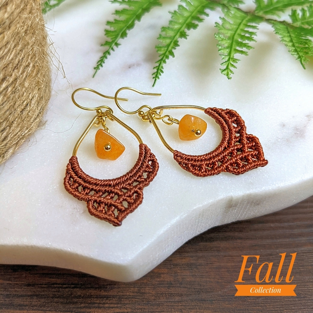 Gold carnelian dangle earrings, fall pumpkin earrings, macrame earrings,natural